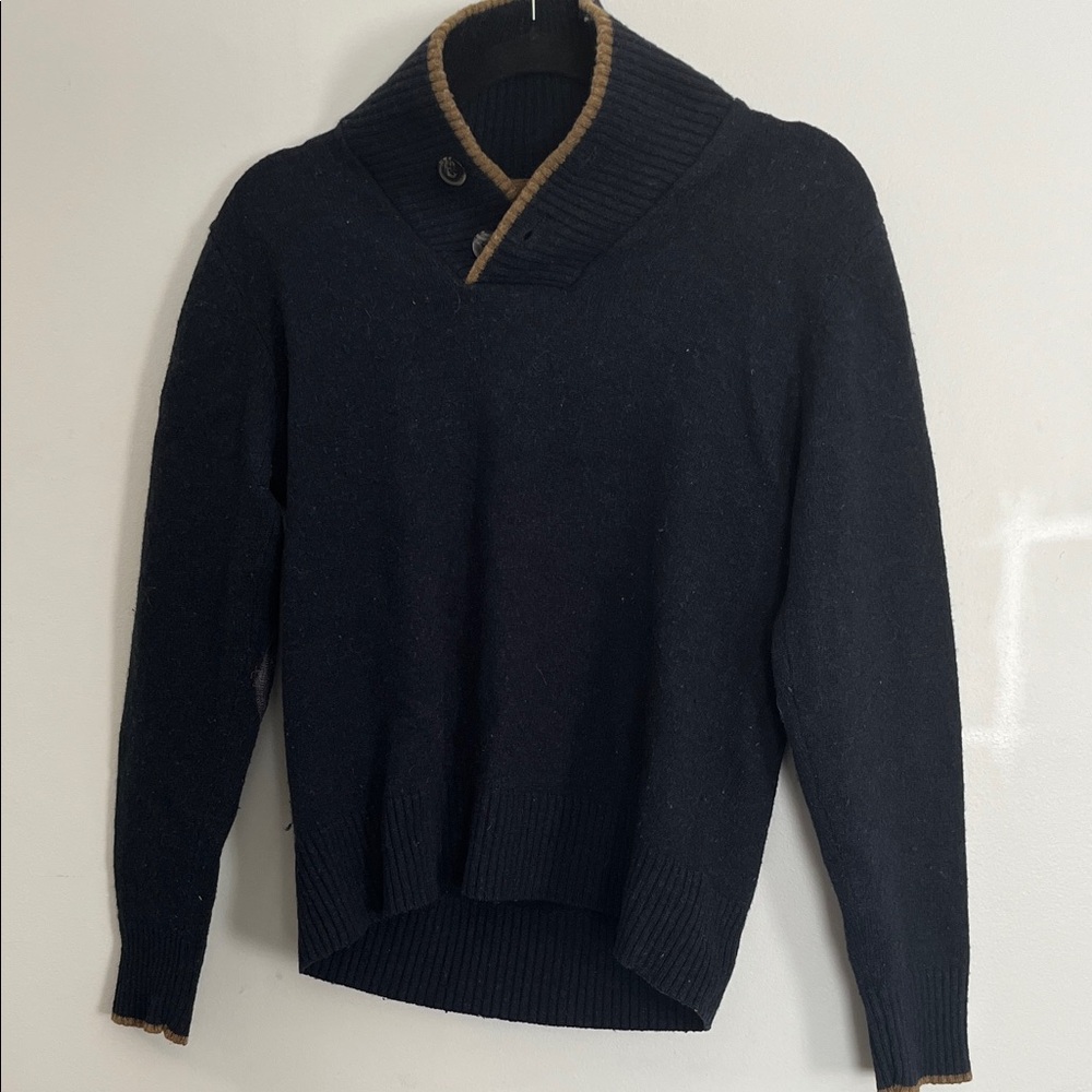 Men's Turtleneck Sweater in Navy Blue with Brown Accents